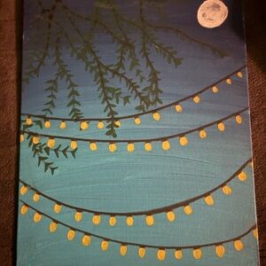 Moonlit Night Canvas Art with String Lights